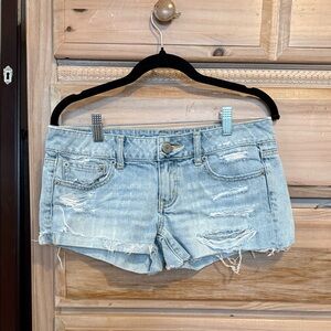 American Eagle Outfitters Light Blue Distressed Denim Shortalls